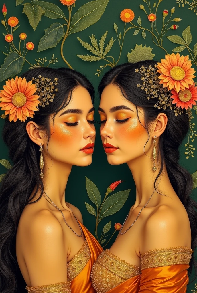 Sigiriya wall art beautiful two women in real life, gold mixed yellow skin with flowers 