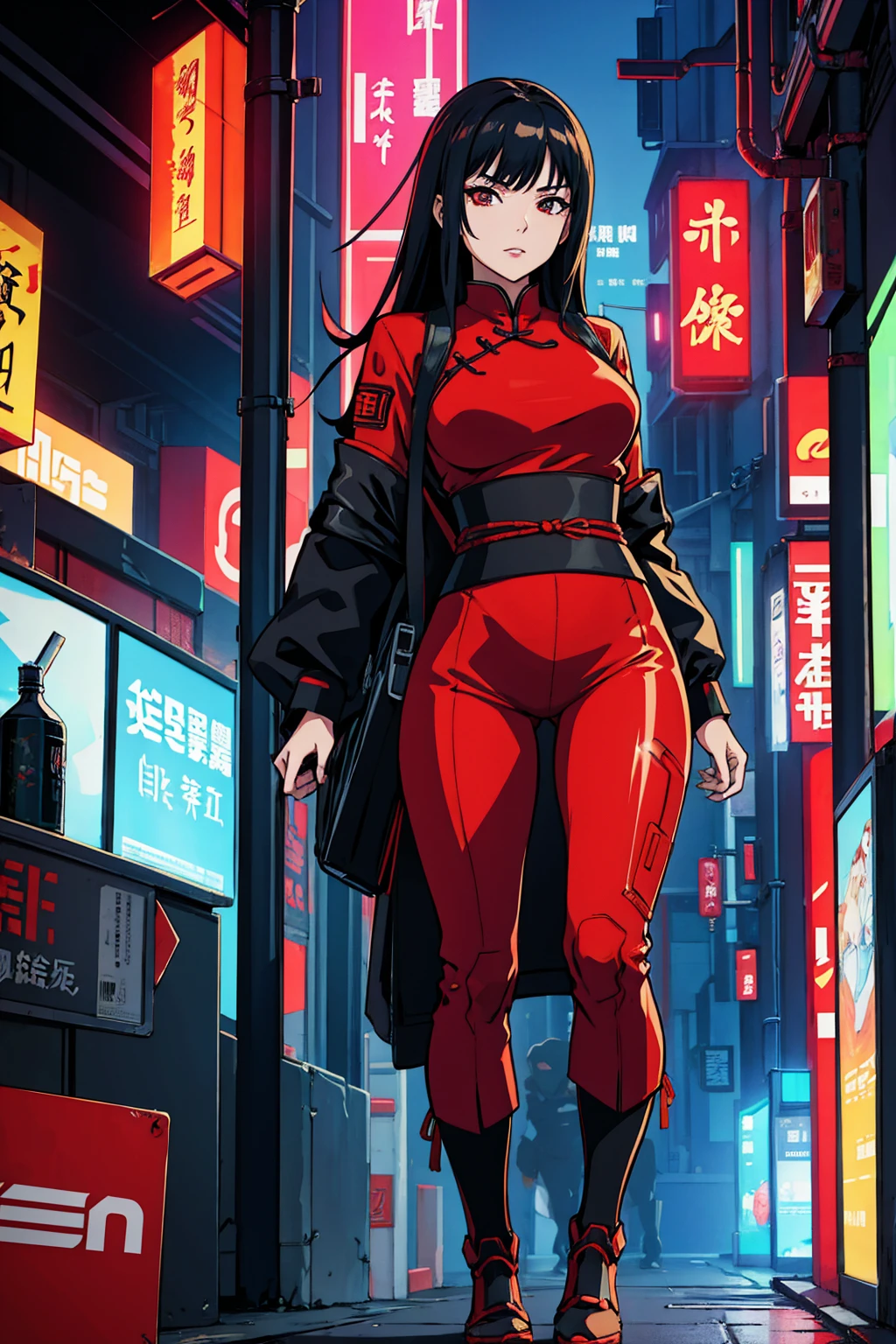 cyberpunk book cover. cybernetic chinese sexy girl wearing red cheonsam in japan future city street