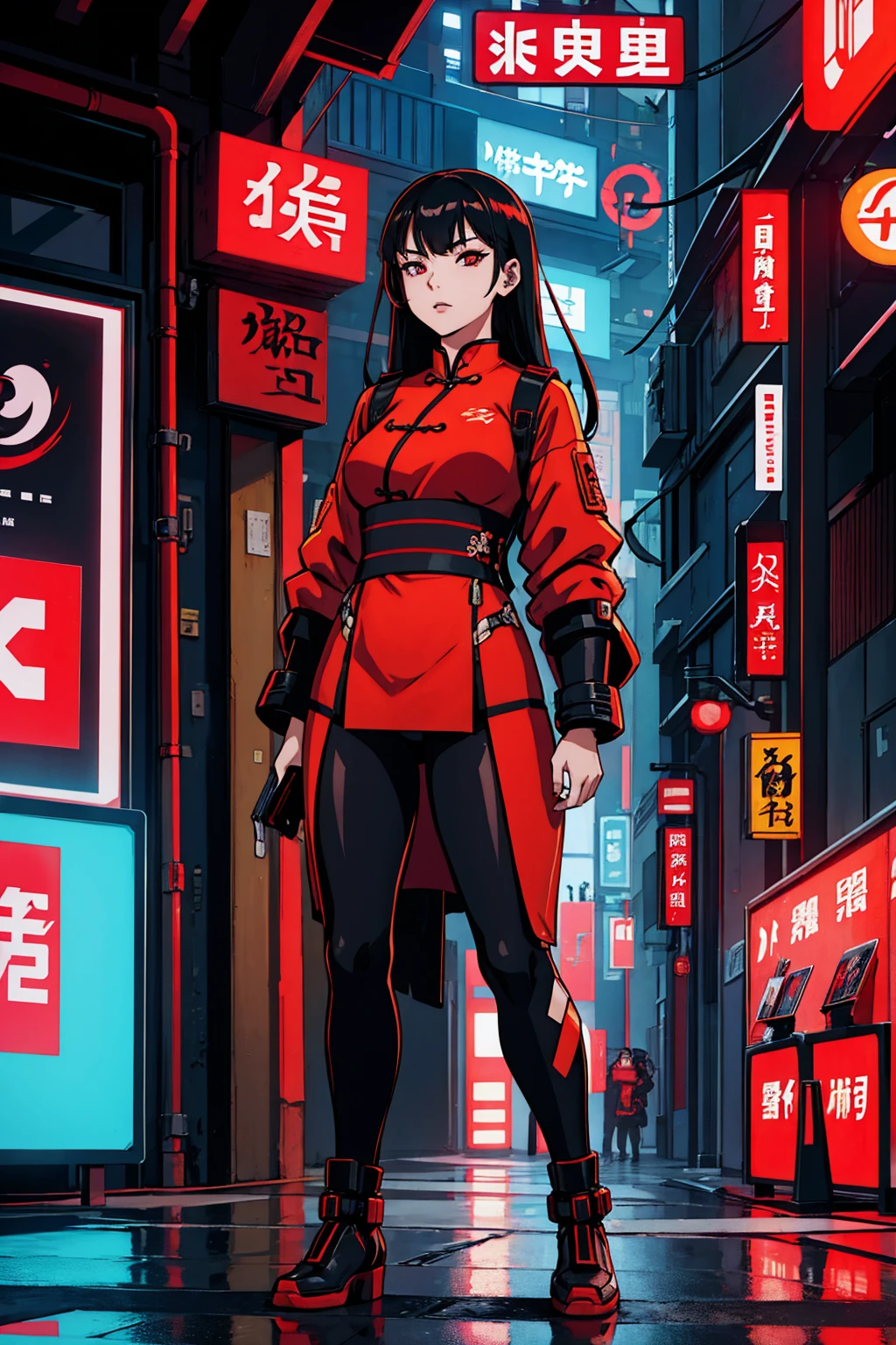 cyberpunk book cover. cybernetic chinese sexy girl wearing red cheonsam in japan future city street