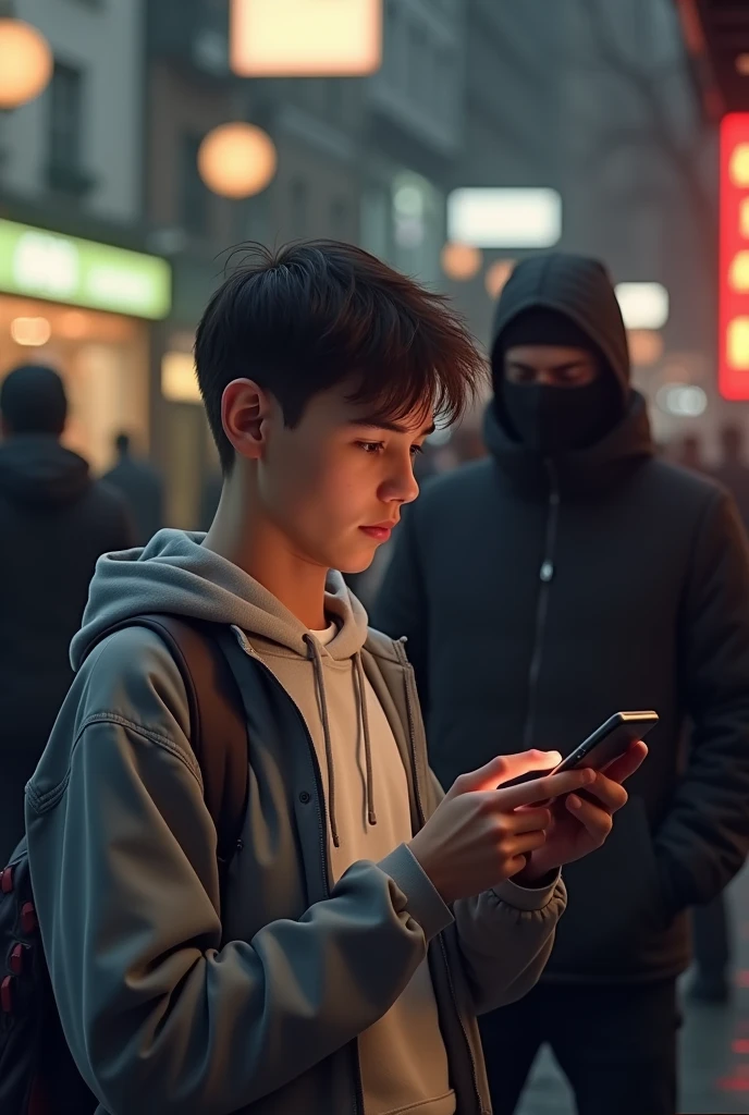 a ager with a phone (that a scammer can be seen in the background)