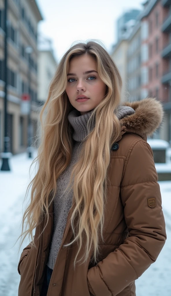 proFessional portrait photograph oF a gorgeous Norwegian girl in winter clothing with long wavy blonde hair, sultry Flirty look, gorgeous symmetrical Face, linda maquiagem natural, wearing elegant warm winter Fashion clothing, ((parado do lado de fora na rua nevada da cidade)), impressionante ambiente urbano moderno, ultra realistic, concept Focus, depth oF Field, F/1. 8, 85mm, tiro médio, meio do tiro, (((proFessionally color graded))), bright soFt diFFused light, (volumetric Fog), tendências no instagram, hd 4k, 8K