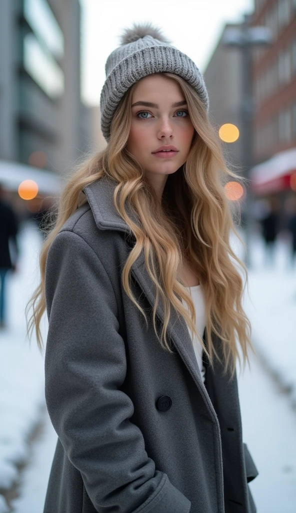 proFessional portrait photograph oF a gorgeous Norwegian girl in winter clothing with long wavy blonde hair, sultry Flirty look, gorgeous symmetrical Face, linda maquiagem natural, wearing elegant warm winter Fashion clothing, ((parado do lado de fora na rua nevada da cidade)), impressionante ambiente urbano moderno, ultra realistic, concept Focus, depth oF Field, F/1. 8, 85mm, tiro médio, meio do tiro, (((proFessionally color graded))), bright soFt diFFused light, (volumetric Fog), tendências no instagram, hd 4k, 8K
