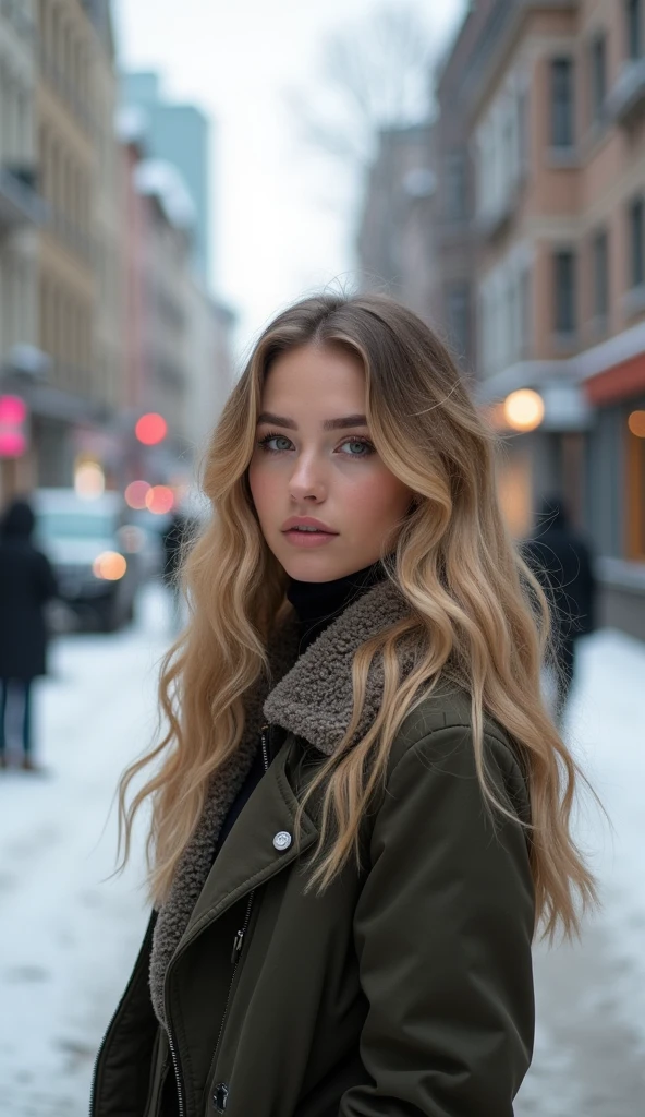 proFessional portrait photograph oF a gorgeous Norwegian girl in winter clothing with long wavy blonde hair, sultry Flirty look, gorgeous symmetrical Face, linda maquiagem natural, wearing elegant warm winter Fashion clothing, ((parado do lado de fora na rua nevada da cidade)), impressionante ambiente urbano moderno, ultra realistic, concept Focus, depth oF Field, F/1. 8, 85mm, tiro médio, meio do tiro, (((proFessionally color graded))), bright soFt diFFused light, (volumetric Fog), tendências no instagram, hd 4k, 8K