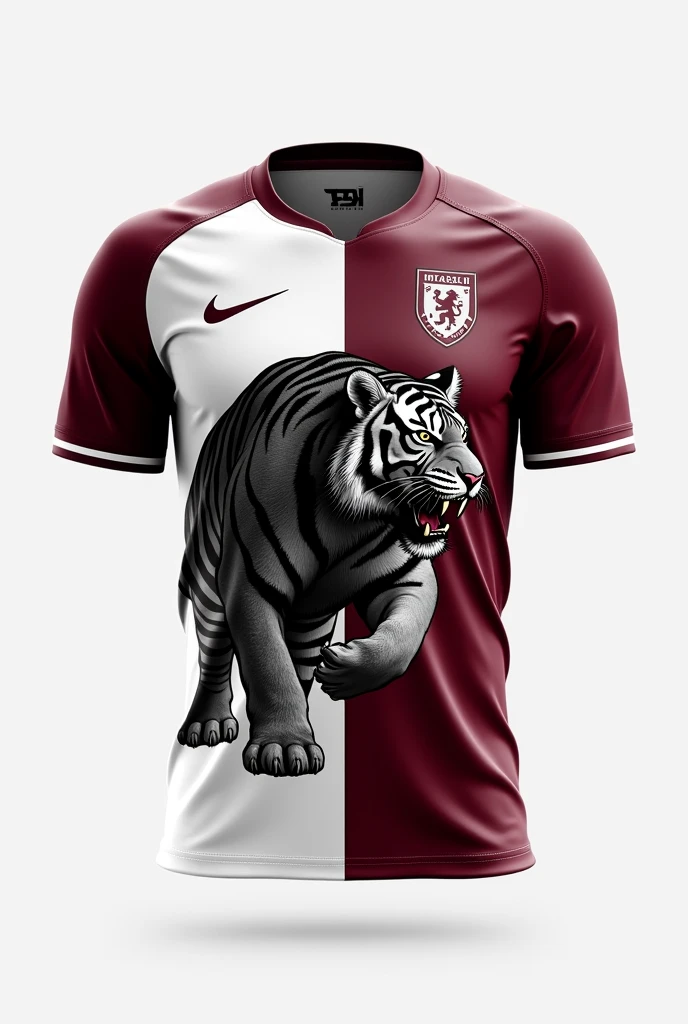 Create a white and burgundy football shirt with black tiger