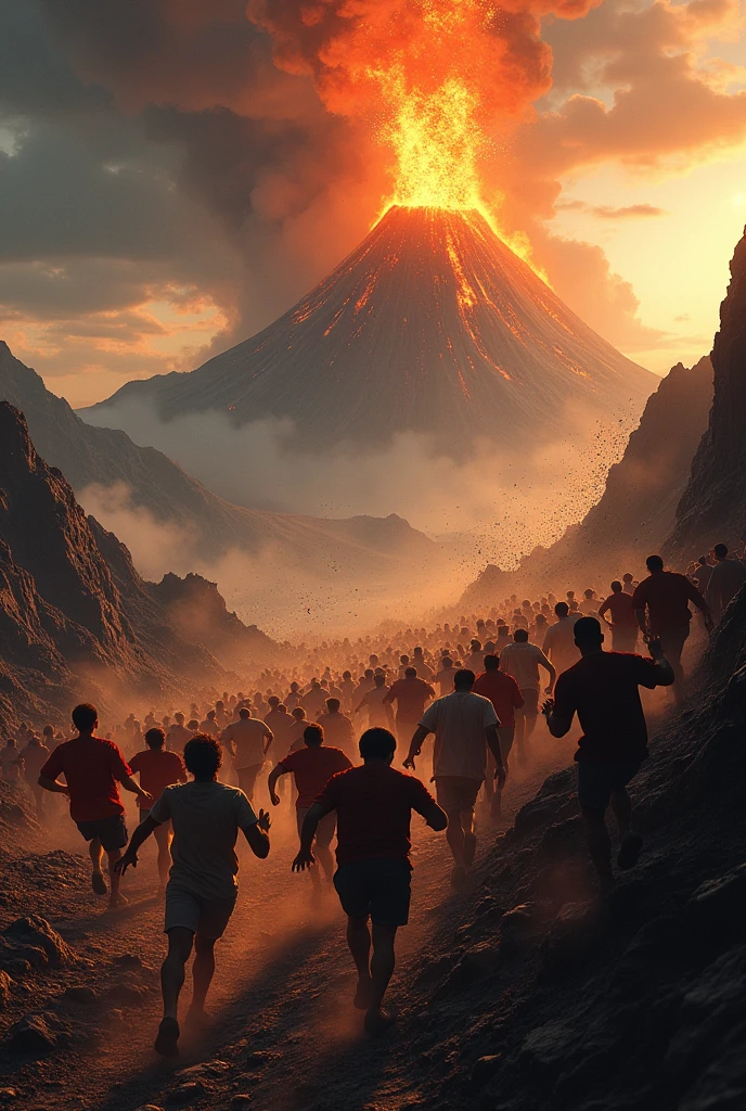 People screaming and running down a volcano
