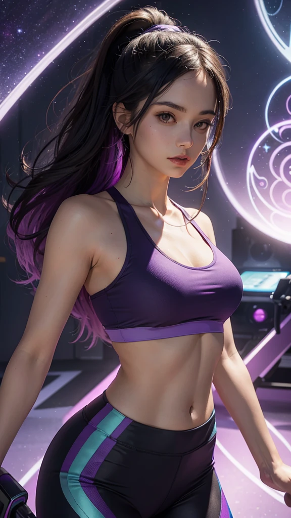 a woman in a purple sports bra top and leggings taking a selfie A magical realm filled with intricately designed, hyperrealism and landscapes, softly blacklight by mystical orbs