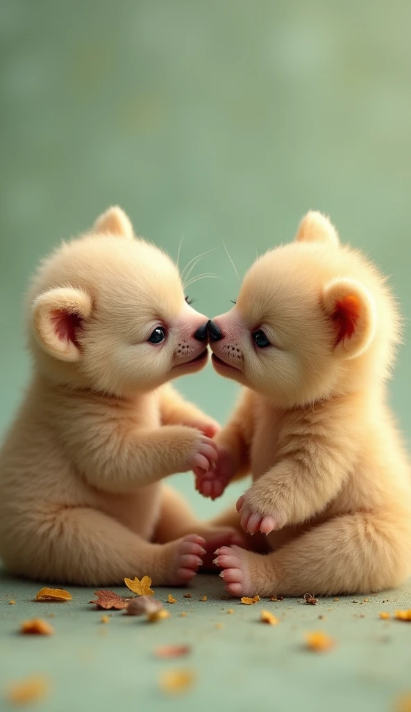 Two adorable newborn cubs licking each other's lips show off their tiny features and soft fur with warm natural light that illuminates their flawless expression.   The background is light green, creating a cozy and intimate view.