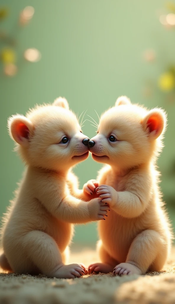 Two adorable newborn cubs licking each other's lips show off their tiny features and soft fur with warm natural light that illuminates their flawless expression. The background is light green, creating a cozy and intimate view.