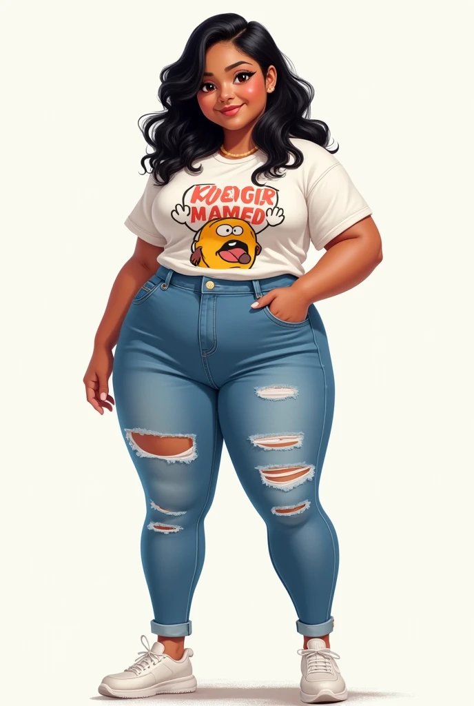 Fat Girl medium hair black hair with ripped jeans and animate T shirt with White Shoes 