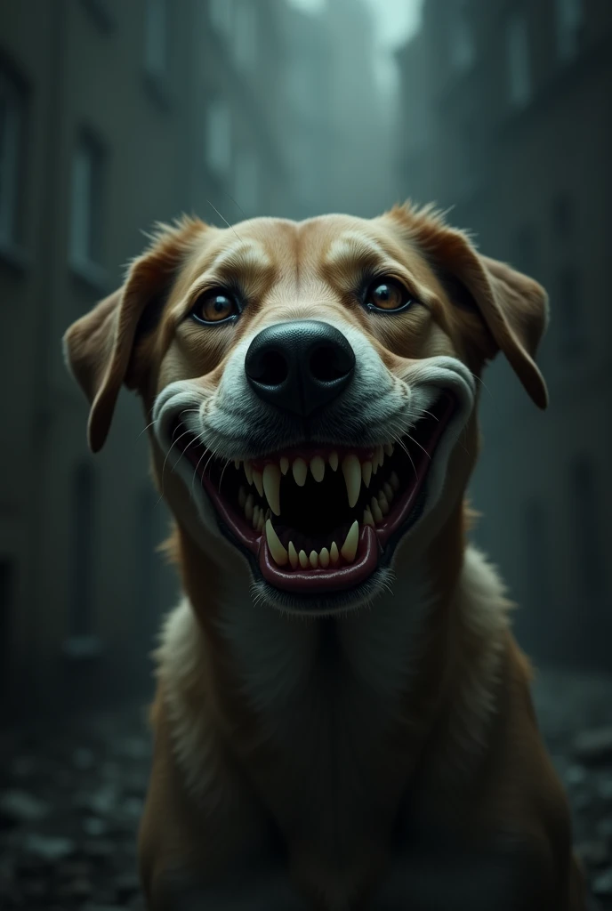 Make a disturbing smile dog image or disturbing smiling dog