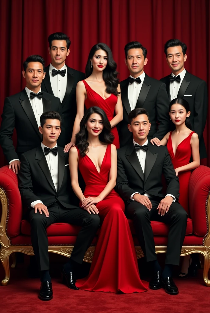 A rich family picture. 4 man with formal attire, hot and tall. 4 woman woman with red sexy dress, hot and beautiful. 2 boy (Son) with aesthetic outfit, tall, handsome and lean. 1 (daughter) with black straight hair and aesthetic outfit, pretty and smart.
Sitting on a luxurious red sofa