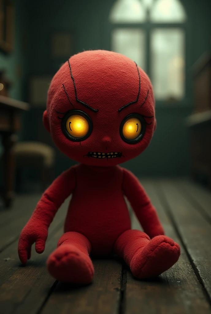 Red plush doll , Scrawny , with cute yellow eyes