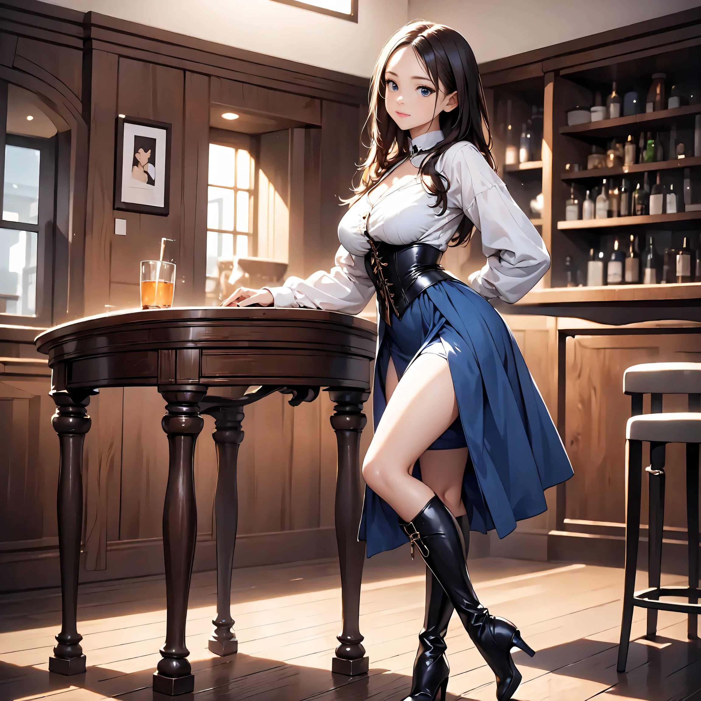 (Increase contrast)、(Increase saturation)、(27 year old super beautiful girl)、(Fair skin)Beautiful woman with perfect figure、Embarrassed face、long hair、Realistic eyes、Natural Makeup、(White tank top、Cleavage、Round and firm breasts)((Very short mini skirt、Knee-high boots)) Brown Hair、((Stylish cafe、stand、Erotic))((Bold、Obscene、Medium full shot from below、between legs、sexy))