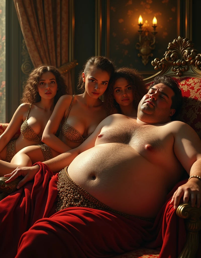 (erotic scene), ((a naked overweight ancient roman senator entertained by several prostitutes wearing loincloth made of jewelry)), (((sex scene))), beautiful detailed eyes, beautiful detailed lips, extremely detailed face and body, high quality, hyper detailed, photorealistic, 8k, dramatic lighting, chiaroscuro, cinematic composition, dramatic colors, dramatic lighting, glowing skin, ornate decorations, intricate patterns, rich textures, luxurious details, lavish environment
