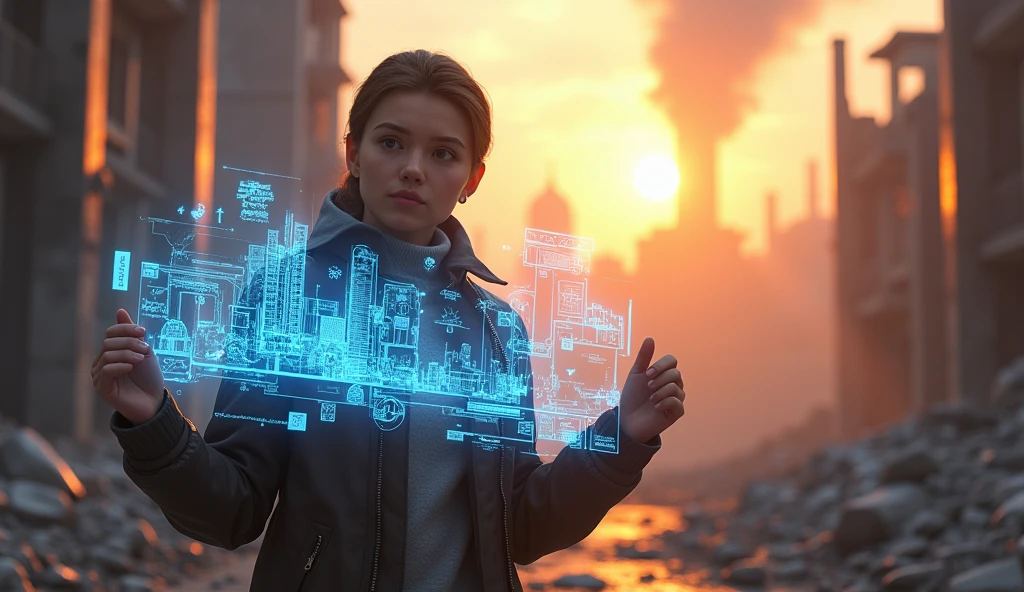 "Design an ultra-realistic 3D thumbnail showing the character in mid-action, holding glowing blueprints in one hand while the other hand gestures towards the partially rebuilt campus in the background. The character should have a focused, driven expression, with intense lighting that highlights their features. The blueprints should appear to be holographic, with detailed structures and ideas floating above them. The background should showcase a dramatic contrast between the ruins and the newly emerging buildings, with bright sunlight breaking through the clouds. The text 'RISE FROM THE ASHES' should be integrated into the scene as a 3D element, wrapping around the character, with a glowing, metallic finish that catches the light realistically."