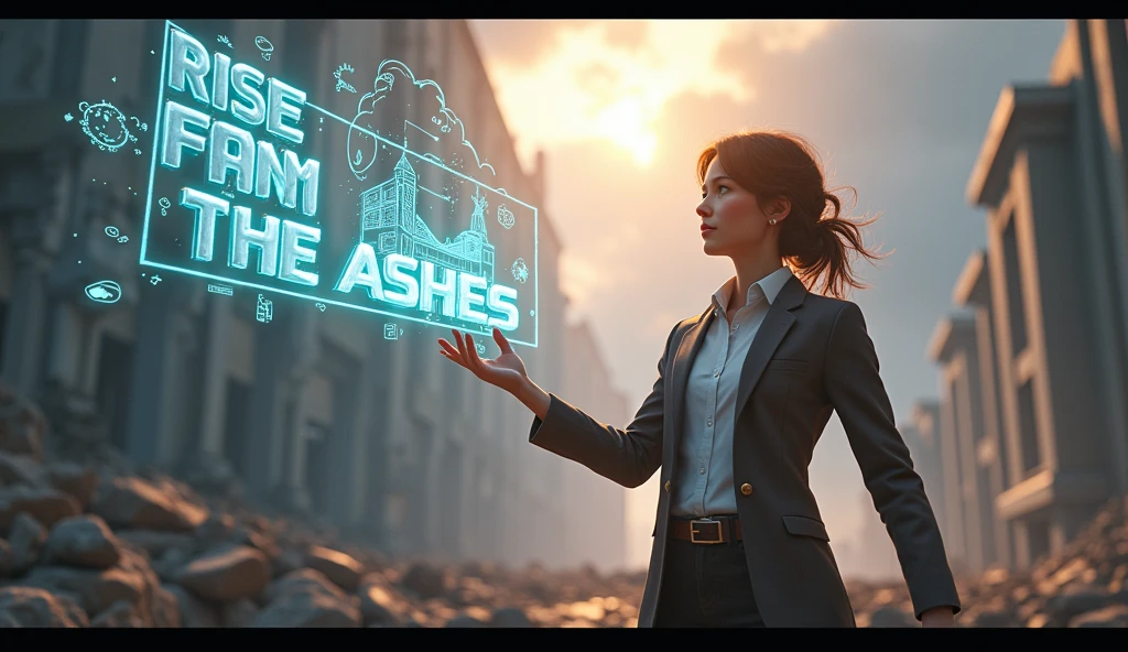 "Design an ultra-realistic 3D thumbnail showing the character in mid-action, holding glowing blueprints in one hand while the other hand gestures towards the partially rebuilt campus in the background. The character should have a focused, driven expression, with intense lighting that highlights their features. The blueprints should appear to be holographic, with detailed structures and ideas floating above them. The background should showcase a dramatic contrast between the ruins and the newly emerging buildings, with bright sunlight breaking through the clouds. The text 'RISE FROM THE ASHES' should be integrated into the scene as a 3D element, wrapping around the character, with a glowing, metallic finish that catches the light realistically."