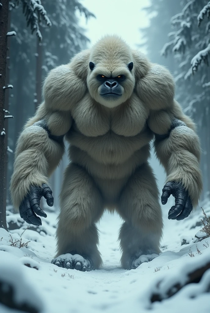yeti, Abominable Snowman, a creature in the middle of the snow with dark trees around, he giant hairy, with grayish brown hairs, the image with a dark atmosphere, as if it had been taken in an amateurish way, with an old camera