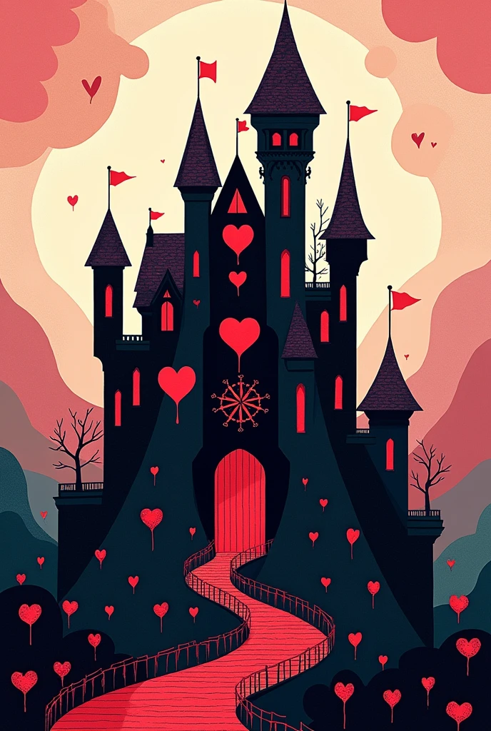 "Illustration in the style of Olly Moss, depicting the Queen of Hearts' castle from Alice in Wonderland. The castle should have an imposing and whimsical design, with heart motifs integrated into its architecture. The overall color scheme should use a limited, contrasting palette with strong silhouettes, emphasizing the fantastical yet ominous nature of the Wonderland environment."