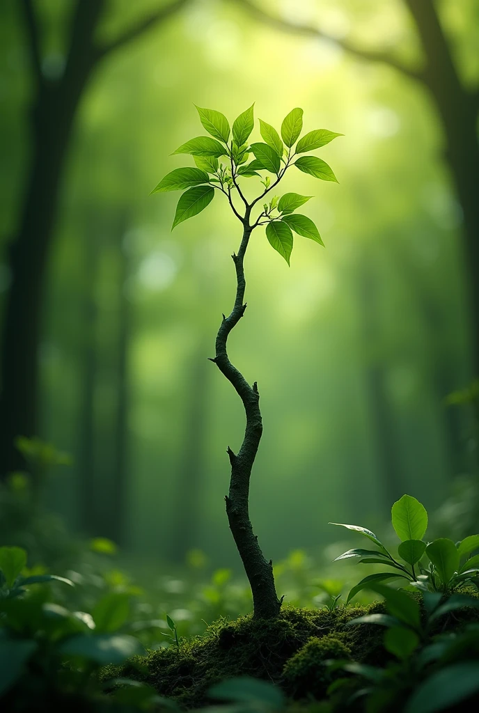 A twig jutting out from the forest,Leaves only grow on the tips of the twigs,Real Image,high resolution,Forest glowing green trees々Overflowing with