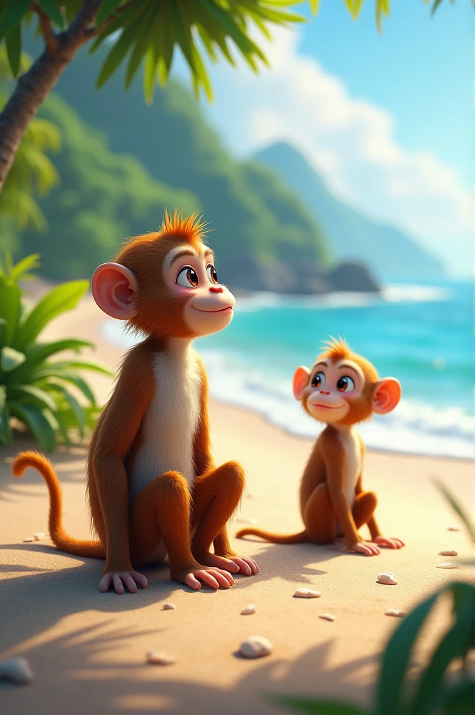 A Monkeyv viewing from its back with another monkey at the beach