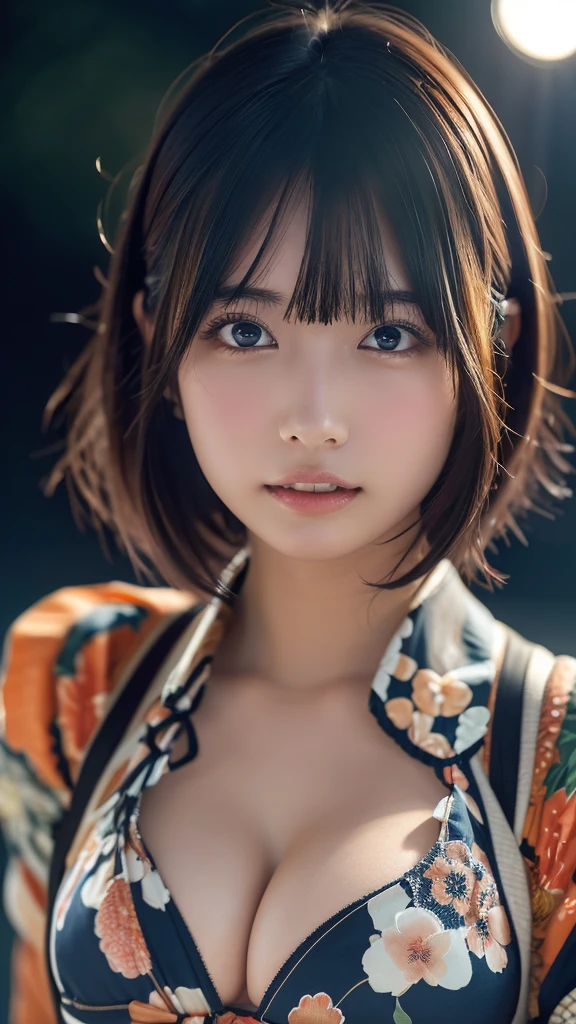 ((masterpiece, Highest quality, High resolution)), Japanese high school girl、(Realistic: 1.4), Nervous、Blushing、Great face,Glossy lips、, short hair、(Beautiful Hair:1.5), Japanese patterned yukata、Long sleeve、Cleavage、Floral hair ornament、Beautiful legs、On the Beach、Fireworks at night、stare、Front angle, Smooth, Highly detailed CG composite 8K wallpaper, High resolutionのRAWカラー写真, Professional photography, Light, BackLight, impressive, Written boundary depth, (Face close-up:1.5)