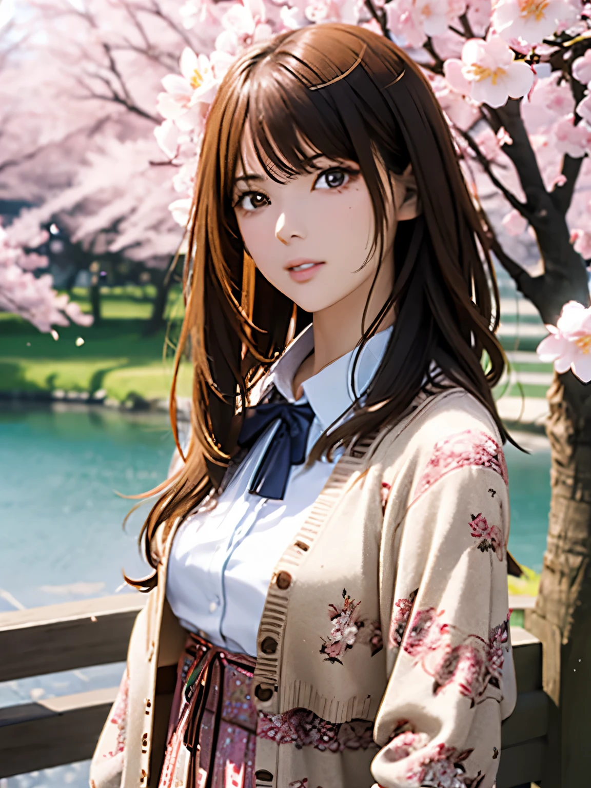 High resolution, 8k, Highest quality, detailed, Semi-realistic anime, Anime 3D Style, Smooth anime CG, One Girl, A 20-year-old Japanese woman, slim, Modeled, Shiny brown hair, detailedな顔, Beautiful and detailed, Glowing Skin, Hard Focus、Film Grain, Soft lighting, (A woman wearing a floral dress and cardigan),A spring park with cherry blossom petals falling、Enjoying a picnic by the pond