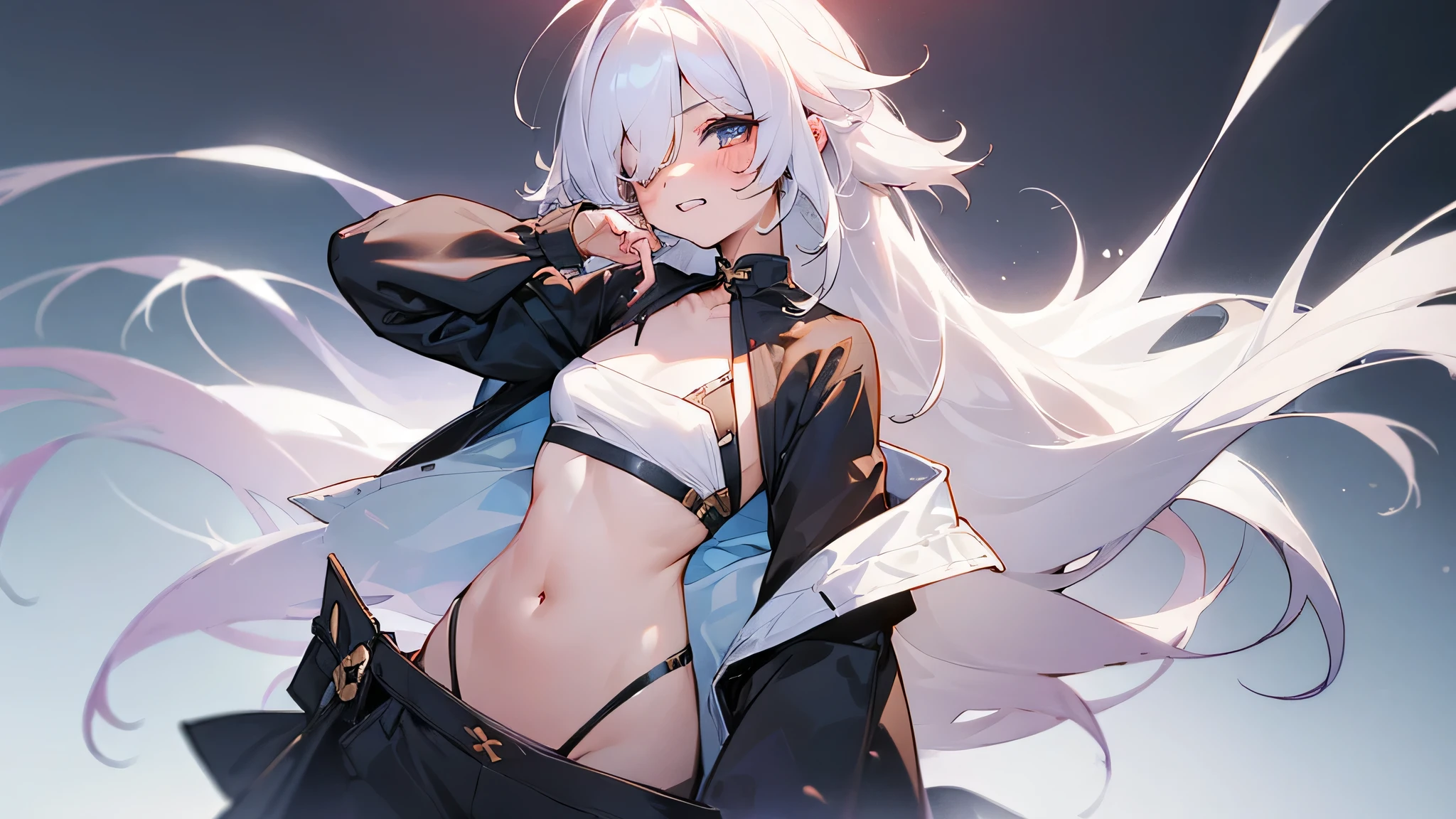 ((Girl with protruding ribs:1.4))、Sexy pose、Good、(flat chest:1.2),(skinny body:1.3)、Blushing、To blush、Thick eyes、((Are thin:1.3))、white hair, long hair, ((hair over one eye))、messy hair、((Double teeth))、((Larger clothes:1.3))、Beautiful eyes、(ミニスカート:1.5)、nipple, 頬を膨らませる