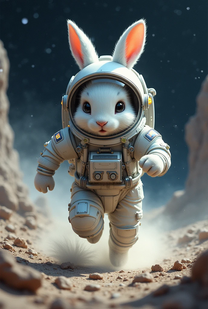 Astronaut rabbit running away