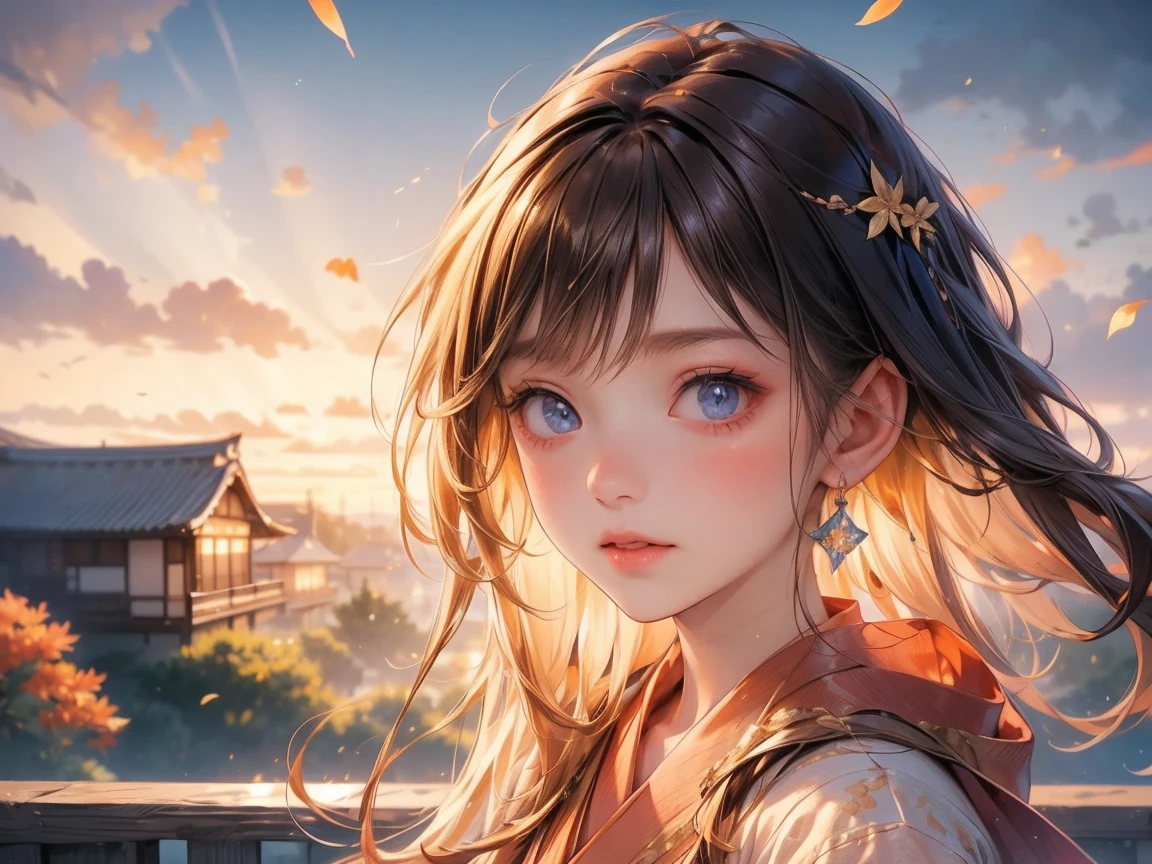 Portrait of a beautiful Japanese woman with beautiful, detailed blue eyes wearing a pale, soft burgundy cardigan draped over her shoulders　Soft orange light　「Hair with gentle waves swaying in the evening breeze、Soft orange lightが髪に反射し、Make you feel the end of summer。」Looking out at the view from the balcony　I feel the end of summer　Late summer afternoon　Autumn wind
