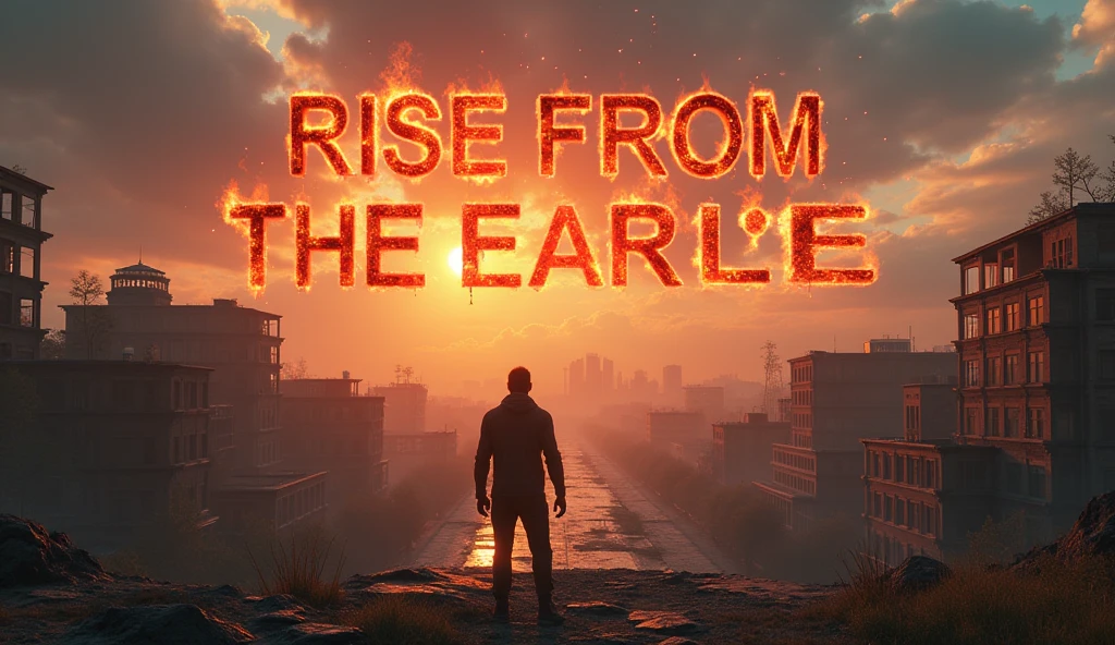 "Create an ultra-realistic 3D thumbnail featuring the character standing at a high vantage point, overlooking the entire abandoned university campus. The scene should be rich in detail, with crumbling buildings, overgrown vegetation, and broken pathways below. The character is holding a glowing, high-tech device that projects a hologram of new, futuristic structures into the air. The lighting should be dramatic, with the sun breaking through dark clouds, casting a golden glow on both the character and the hologram. The text 'RISE FROM THE ASHES' should be placed prominently in the sky above the character, in ultra-3D, bold letters that appear to be made of burning embers, with realistic smoke and sparks drifting away."