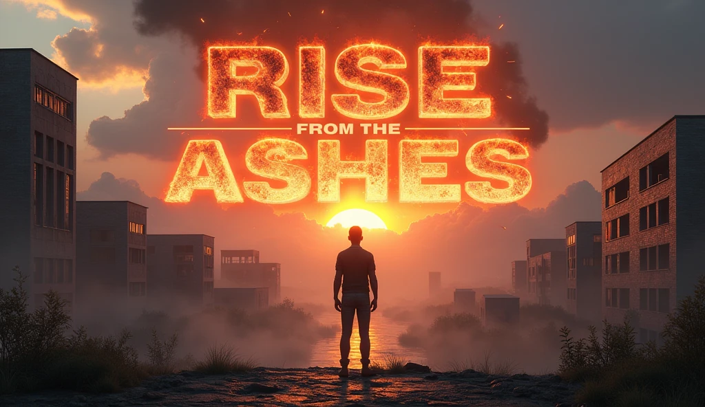 "Create an ultra-realistic 3D thumbnail featuring the character standing at a high vantage point, overlooking the entire abandoned university campus. The scene should be rich in detail, with crumbling buildings, overgrown vegetation, and broken pathways below. The character is holding a glowing, high-tech device that projects a hologram of new, futuristic structures into the air. The lighting should be dramatic, with the sun breaking through dark clouds, casting a golden glow on both the character and the hologram. The text 'RISE FROM THE ASHES' should be placed prominently in the sky above the character, in ultra-3D, bold letters that appear to be made of burning embers, with realistic smoke and sparks drifting away."