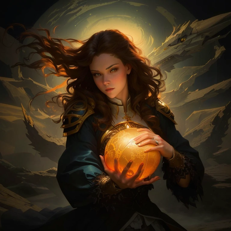 woman держит в руках светящийся шар, Heather Theurer, woman, holding a ball, Rob Ray, Peter Morbacher style, Peter Morbacher Донато Джанкола, Peter Morbacher, Peter Morbacher'', Inspired by Donato Giancola, in Peter Morbacher style, Peter Morbacher c 2 0