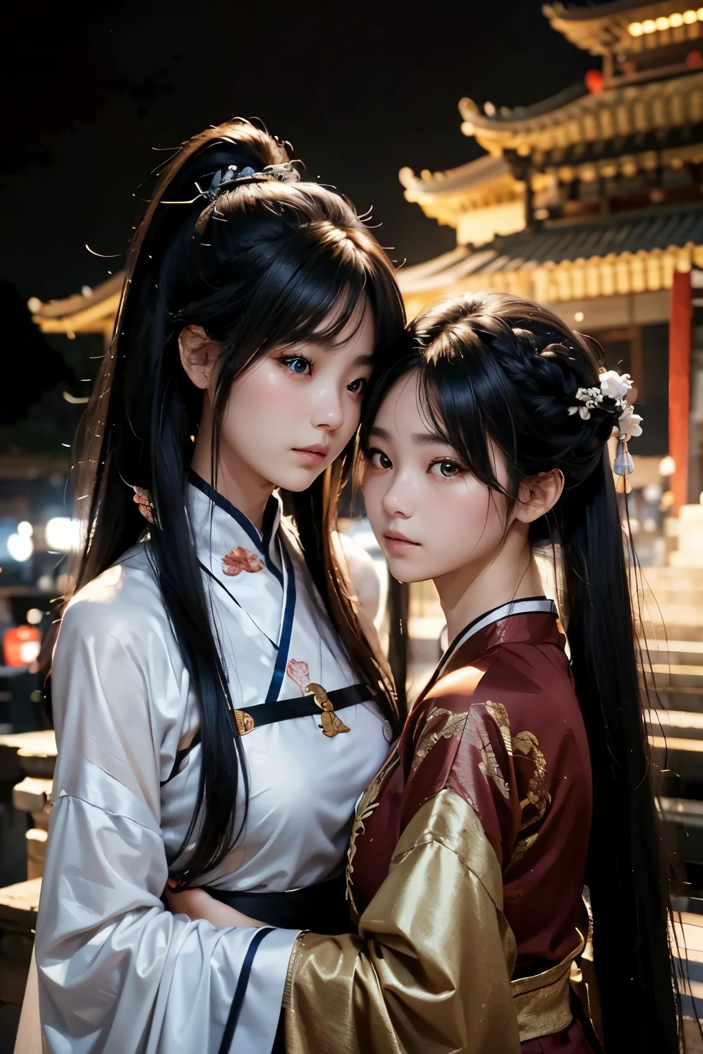 masterpiece,best quality best,high resolution,8k,(portrait),(Avatar close up),(RAW photographer),real photo,digital photography,(Two ancient Chinese girls embracing each other),Two ancient Chinese girls,red eyes,kissing each other,Face to face,elegant and attractive,The beet of shyness,black silk clothing,Beautiful golden patterned clothing,long braided hairstyle,with bangs,Night view of the old town,Ancient Fantasy,nigh sky,Delicate makeup,fine texture