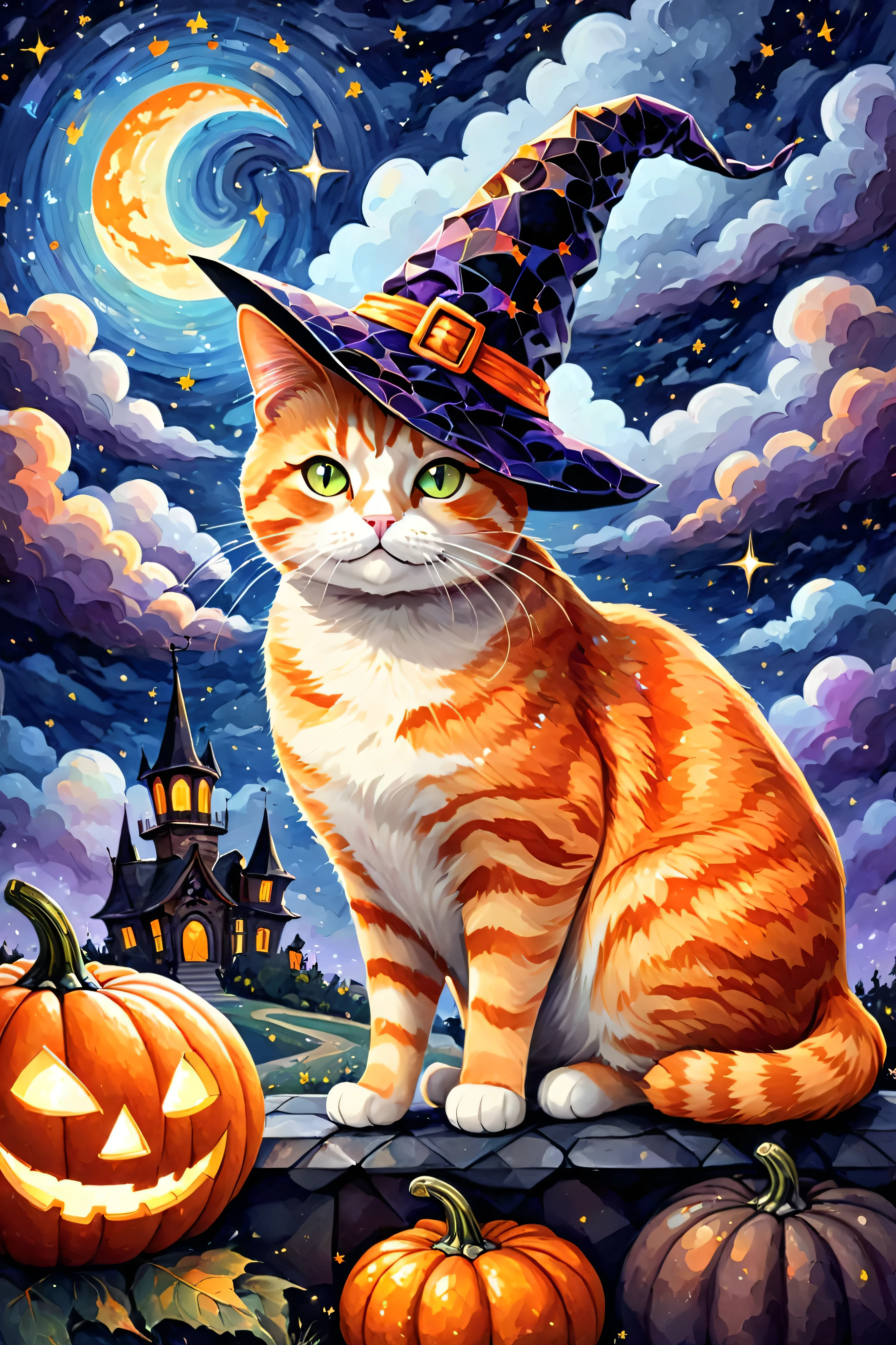 Colorful oil printing and mosaic style:: a cute fat orange Cat in Witch Hat on Starry Night Sky Background, Dramatic Clouds, Halloween Pumpkin Scene Decor :: Movie-quality 16k resolution masterpiece illustration oil painting, watercolor and ink :: surrealist :: Complex patterns, Perfect composition, masterpiece, Crazy details, Extremely detailed, Ultra detailed, Beautiful volume, deep, Rich colors, Volumetric Lighting