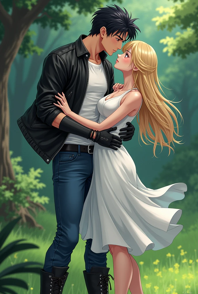 A muscular young man with black hair, wearing a white round-neck shirt and a black leather jacket over it, wearing blue jeans with a zipper down and an erect penis sticking out, black gloves, a black belt, and black combat boots, Having sex with a blonde woman wearing a white dress White dress and high heels In missionary position On the meadow in the forest, anime.