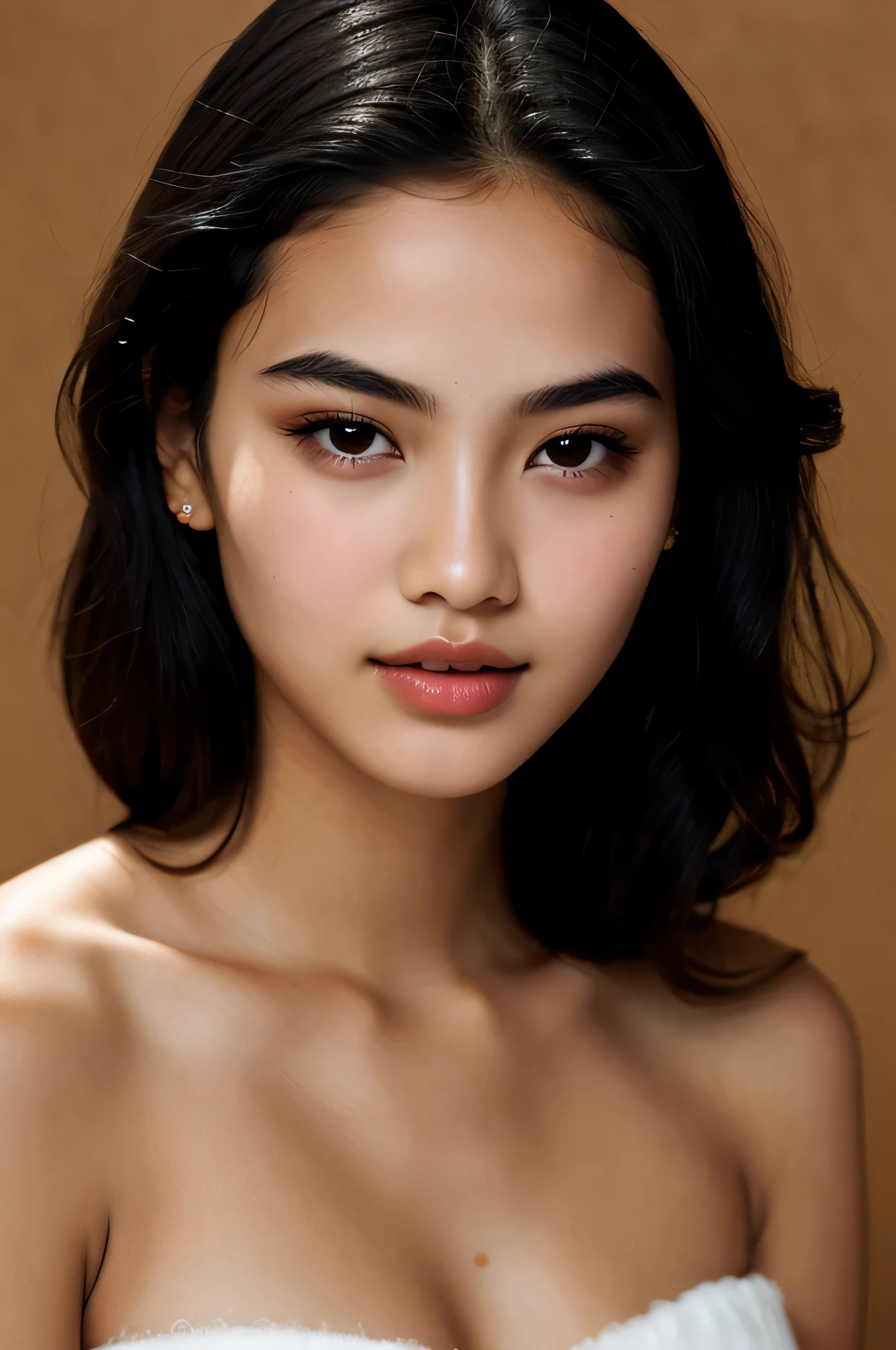 Wet and black hair, small, black eyes, female, thin eyebrows, elegant, round face, soft feminine features, rosy cheeks, plump lips, Beauty marks, photoshoot,model, seductive, black skin, elegant, glam makeup, timeline: 2001, majestic, beautiful, sexy, tan skin, black background