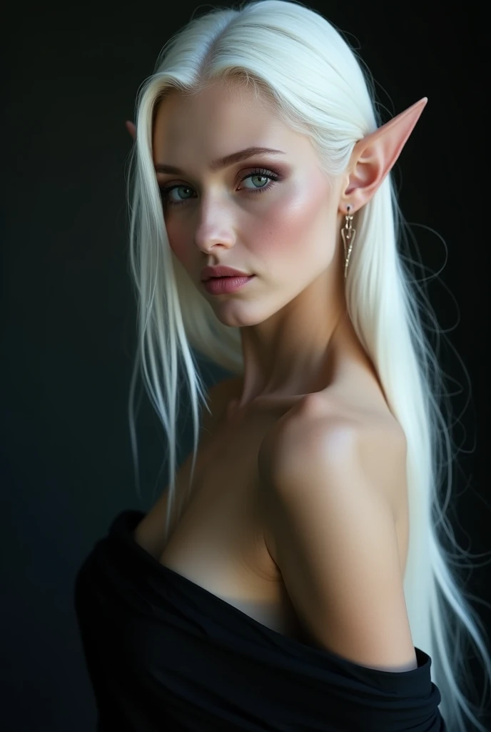 ELVE WOMAN WITH AN HYBRID FACE BETWEEN CLAUDIA SCHIFFER AND GISELE BUNDCHEN , BUST IMAGE STYLE, STUDIO IMAGE STYLE, BLACK INFINITE BACKGROUND, DIFFUSED LIGHTS ON FACE, STRONG BACK LIGHTS, CLOSE FACE SHOT, PLATINUM LONG HAIR, HUGE STRAIGHT LONG HAIR, VERY VOLUMOUS HAIR, PLATINUM EYEBROWS, VERY PALE SKIN, LIGHTNING SKIN LIKE SNOW, HIGH CHEEKBONES, ROSY CHEEKS, GORGEOUS LIPS, SOFT LIPSTICK, EXPOSED TIP EARS, FREE COLLAR BODY REGION, VOLUMOUS BREASTS, STRAPLESS CLEAVAGE, STRAPLESS LONG DRESS, LONG BLACK DRAPEED DRESS, ENIGMATIC FACE EXPRESSION, FRONT FACE VIEW, MIDDLE ANGLE SHOT, 100 mm LENS, HIGH QUALITY IMAGE, MASTERPIECE, 8K