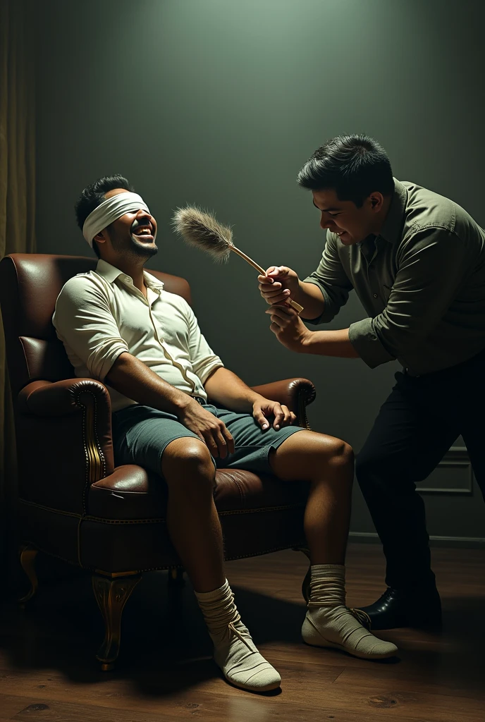 There is a handsome young Malay businessman from Malaysia named Haqiem hands,legs with red socks tied with ropes to the chair and eyes covered with cloth A man opened Haqiems shoes and tickled Haqiems soles with chicken feathers Haqiem laughed uncontrollably because his smelly soles were being tickled by feather duster