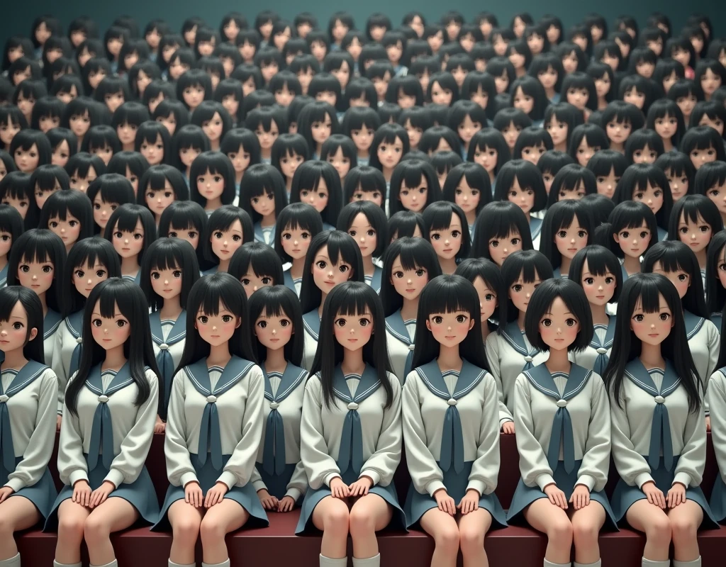 (Japanese Clone-girls=Myself), (Super Best masterpiece Clone-girls Raw Photography Art), (16K, Highest quality, Ultra-high resolution, RAW Photos), (It&#39;s so unrealistic., With unparalleled depiction, With an unfathomable sight, An unprecedented and shocking worldview, Clone-girls: In a world of mass reproduction, Ultra-realistic), (Japanese Girls, 16yo, Small face, Thick black hair, long hair, Dark Eyes, Mature face, Cute Smile, Smiling face, A gentle gaze, Very pleasant look), (Very beautiful detailed girls, Accurate body structure, Accurate body movements, Very detailed body, (Super big breasts, Large bulge of ample breasts)), ((Schoolgirl uniform, Short sleeve, mini skirt, Emphasise the fullness of your breasts)), (Very detailed, Myself cloning, Depiction of splitting oneself, 1Myself girl→1,000,000,000,000,000,000,000,000,000,000Myself cloning girls), (Myself clone girlsは, With the same perfect appearance without any difference, to multiply in large numbers), (Very detailed depiction, Myself&#39;s multiplying female body, In the same female body,With the same face, With the same hairstyle, In the same clothes, At the same height, 同じSuper big breastsで, The same female body that is completely indistinguishable, 1,000,000,000,000,000,000,000,000,000,000 people), (Myself girls only), (Academy, academic level, Commemorative photo depiction, Tiered stage photography, Happy smile, Front view)