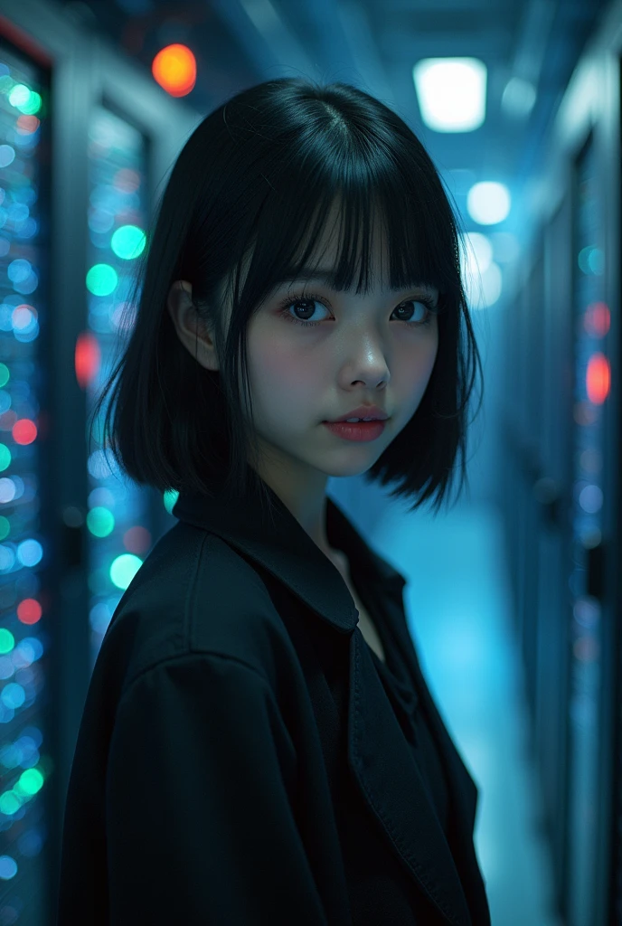 (whole body:1) A young girl, Smart casual, Hacker's server room, Delicate face, ((very cool expression)), (Straight short thin bangs:1.2), Ultra-detailed photos, (Reality), (Intricate details:1),(masterpiece :1), (best quality:1), Ultra-high resolution, (Delicate eyes), (Detailed facial features), HDR, 8K resolution, (lens flare:0.5), Light from afar, (Smile, joy)