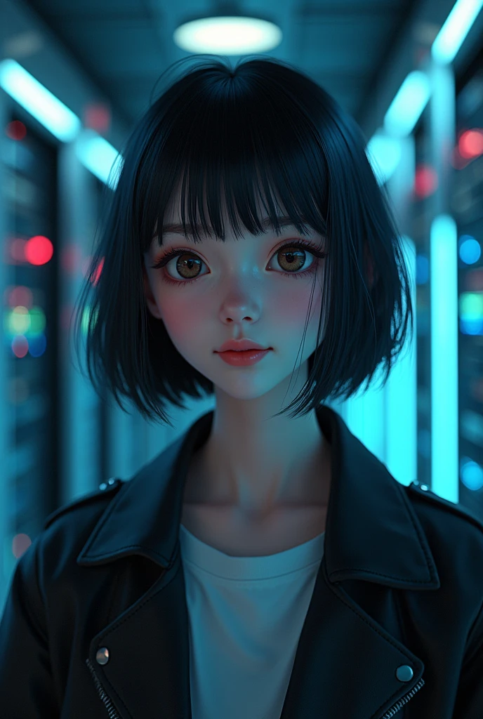 (whole body:1) A young girl, Smart casual, Hacker's server room, Delicate face, ((very cool expression)), (Straight short thin bangs:1.2), Ultra-detailed photos, (Reality), (Intricate details:1),(masterpiece :1), (best quality:1), Ultra-high resolution, (Delicate eyes), (Detailed facial features), HDR, 8K resolution, (lens flare:0.5), Light from afar, (Smile, joy)