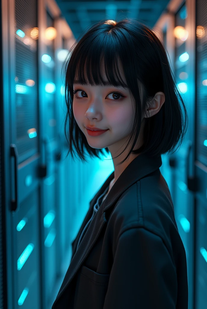 (whole body:1) A young girl, Smart casual, Hacker&#39;s server room, Delicate face, ((very cool expression)), (Straight short thin bangs:1.2), Ultra-detailed photos, (Reality), (Intricate details:1),(masterpiece :1), (best quality:1), Ultra-high resolution, (Delicate eyes), (Detailed facial features), HDR, 8K resolution, (lens flare:0.5), Light from afar, (Smile, joy) 