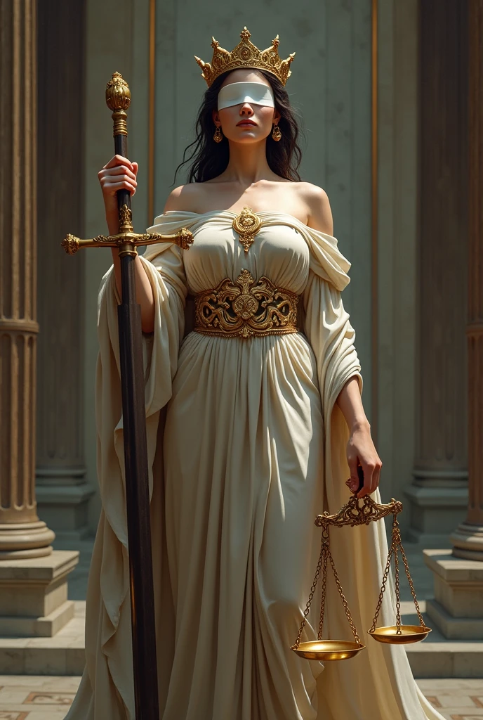 The Justices Woman, the goddess of justice, balances two scales, has a white cloth covering her eyes, and holds a sword in her other hand.