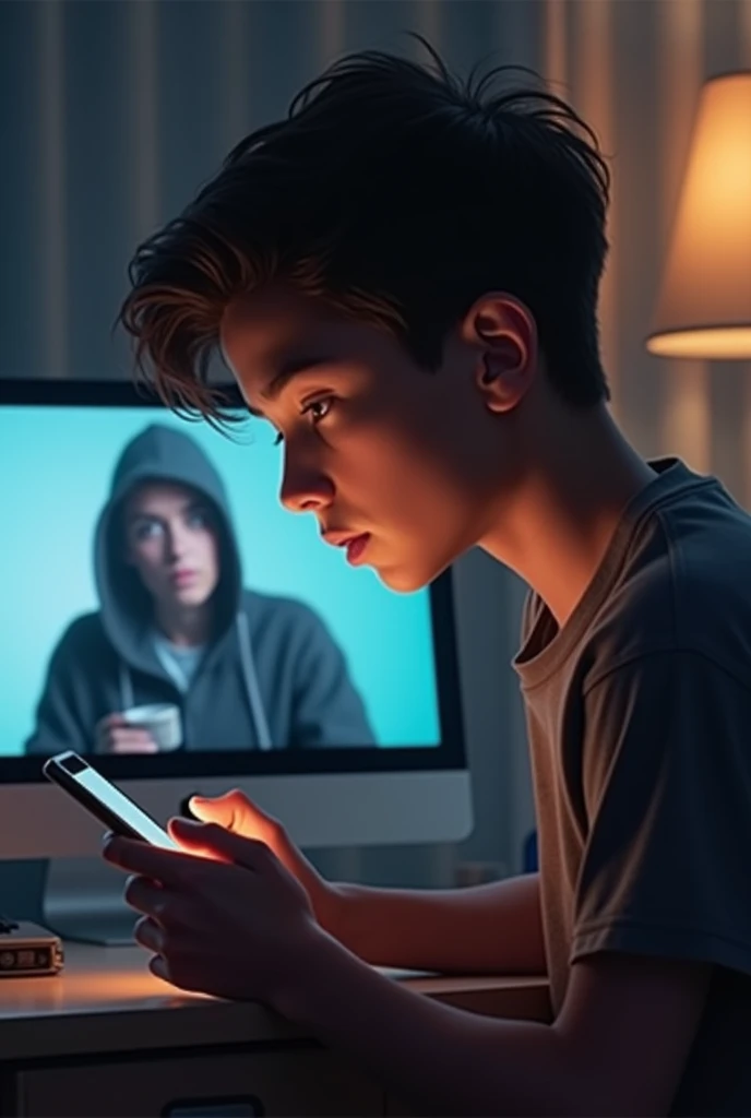 a teenager with a phone (that a scammer is seen in the background on another screen of a PC