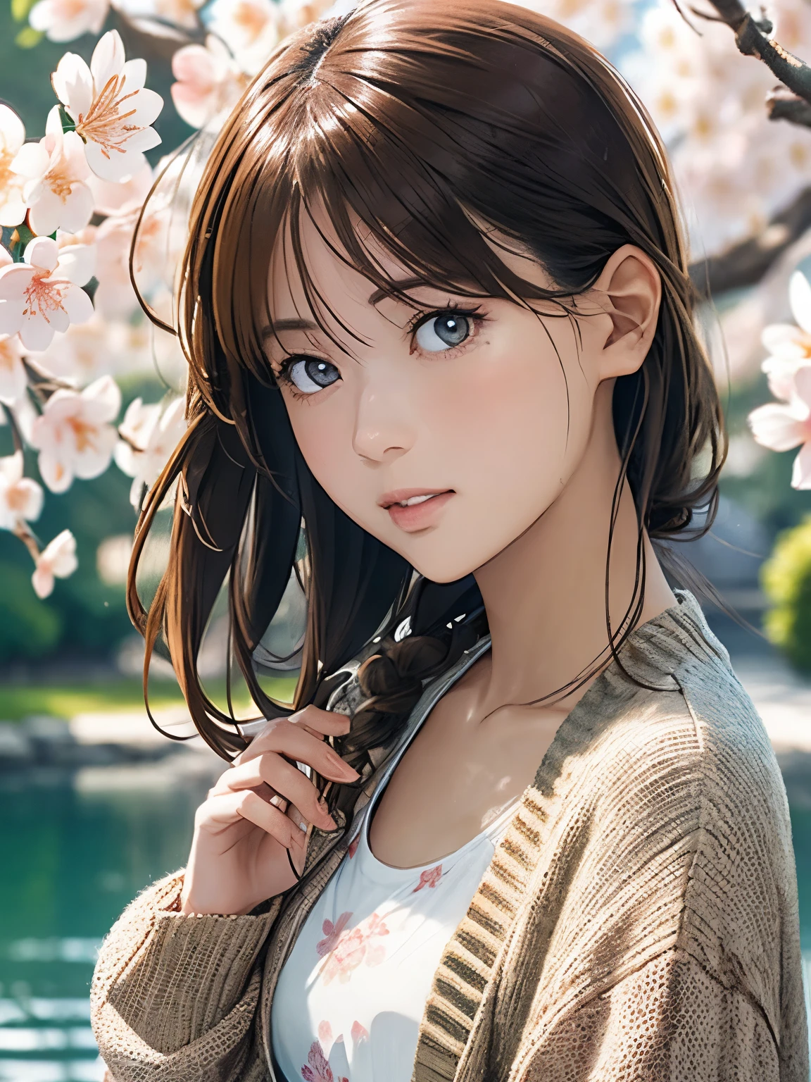 High resolution, 8k, Highest quality, detailed, Semi-realistic anime, Anime 3D Style, Smooth anime CG, One Girl, A 20-year-old Japanese woman, slim, Modeled, Shiny brown hair, detailedな顔, Beautiful and detailed, Glowing Skin, Hard Focus、Film Grain, Soft lighting, (A woman wearing a floral dress and cardigan),A spring park with cherry blossom petals falling、Enjoying a picnic by the pond