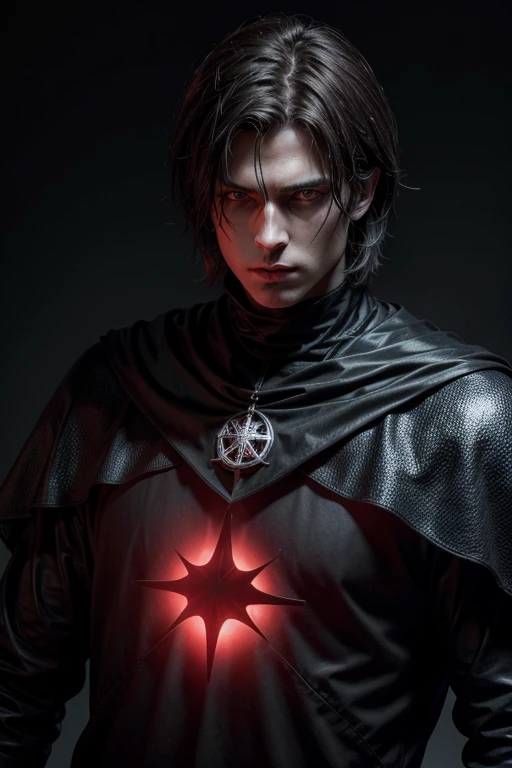 man, Knight Templar, with dark clothing, sound bite, with eyes illuminated in red, HD image, 4k, realistic image