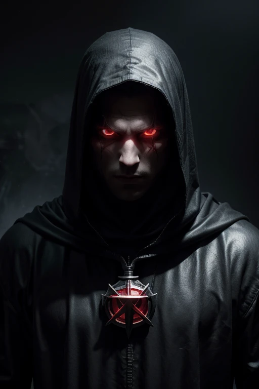 man, Knight Templar, with dark clothing, sound bite, with eyes illuminated in red, HD image, 4k, realistic image