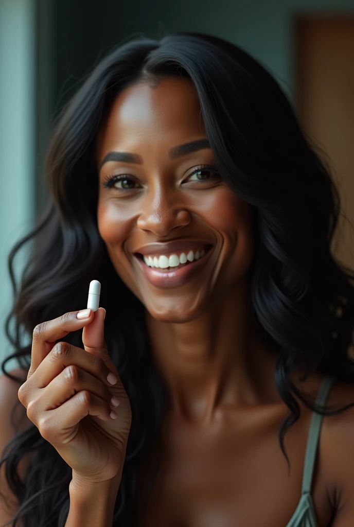 a beautiful mom black ebony woman, 55 old years, holding a medicine capsule with his fingers, detailed face, long black hair, smiling, cinematographic lighting, ultra detailed, high quality, masterpiece,