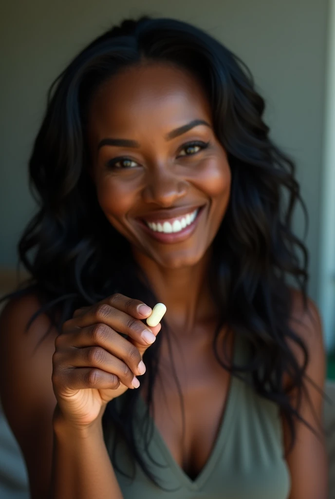 a beautiful mom black ebony woman, 55 old years, holding a medicine capsule with his fingers, detailed face, long black hair, smiling, cinematographic lighting, ultra detailed, high quality, masterpiece,