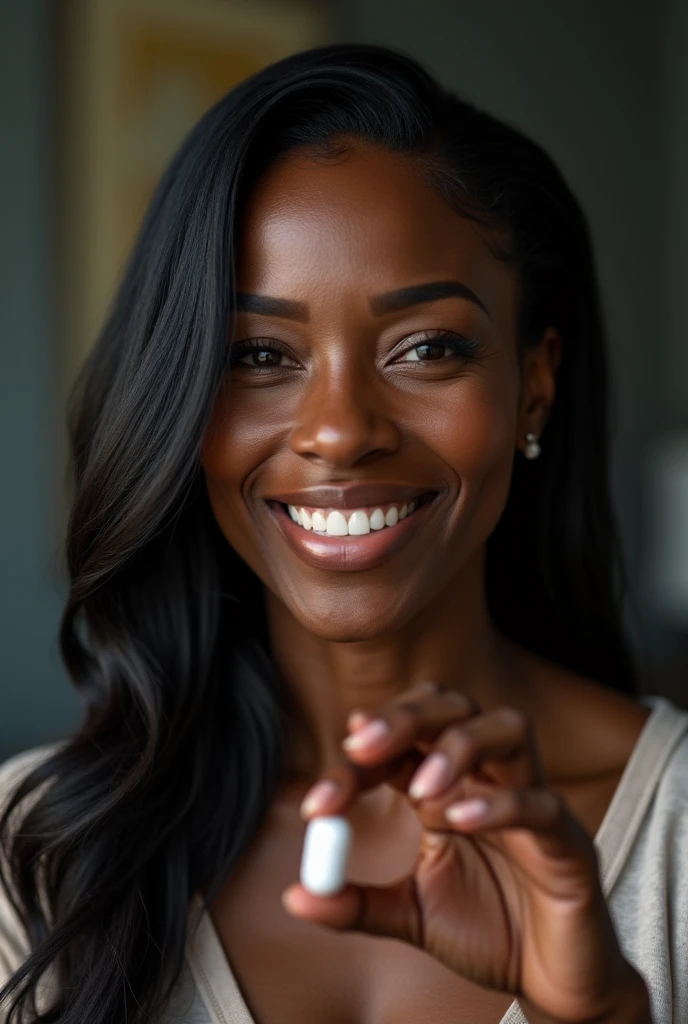 a beautiful mom black ebony woman, 55 old years, holding a medicine capsule with his fingers, detailed face, long black hair, smiling, cinematographic lighting, ultra detailed, high quality, masterpiece,